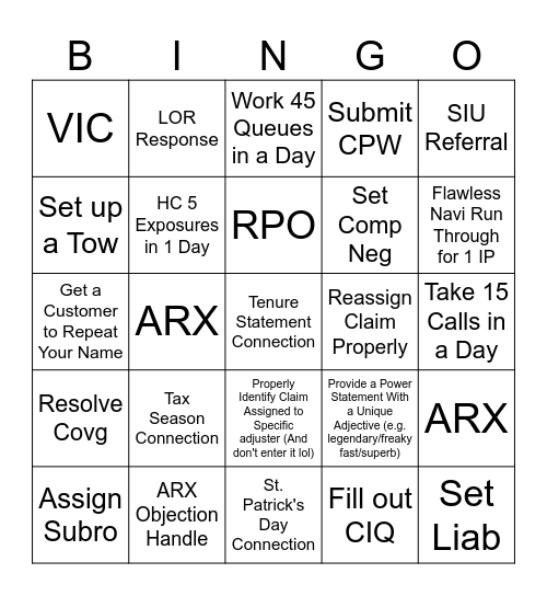 Claims Bingo Card
