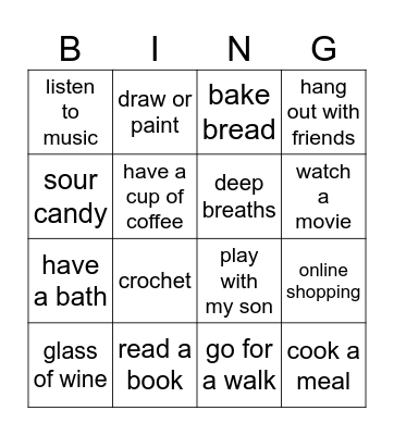 Sarah's self care Bingo Card