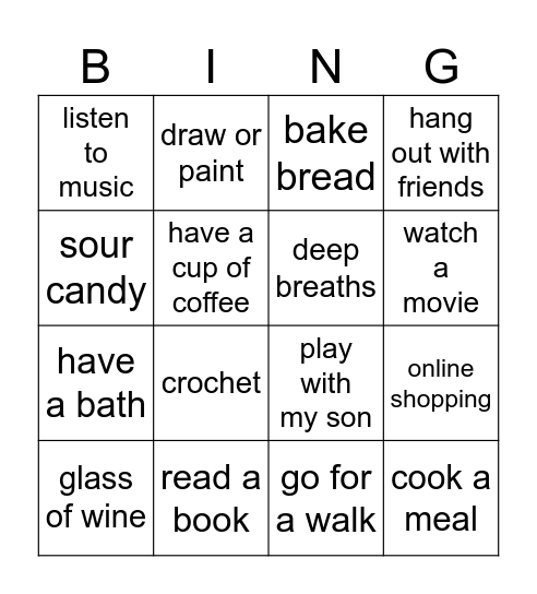 Sarah's self care Bingo Card