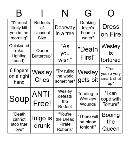 Princess Bride - Round 2 Bingo Card