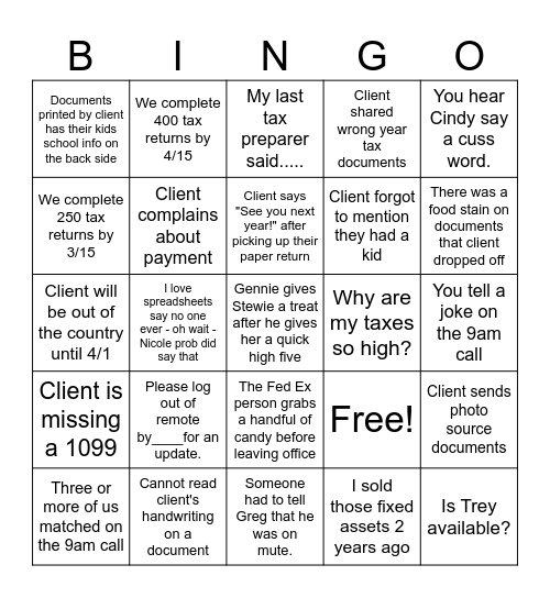 Tax Season Bingo Card