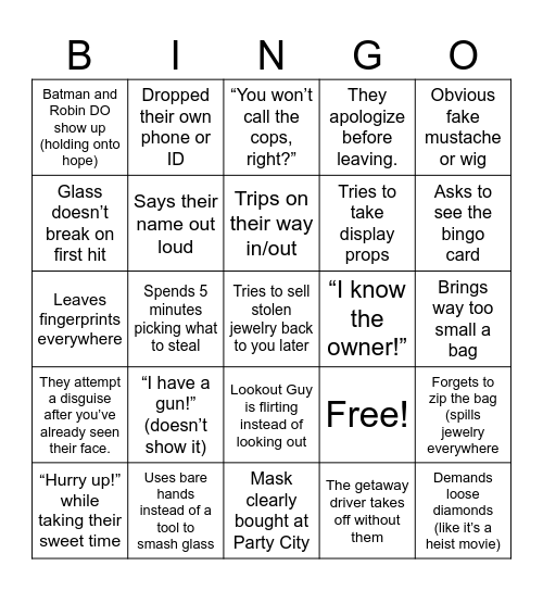 Robbery Bingo! Bingo Card