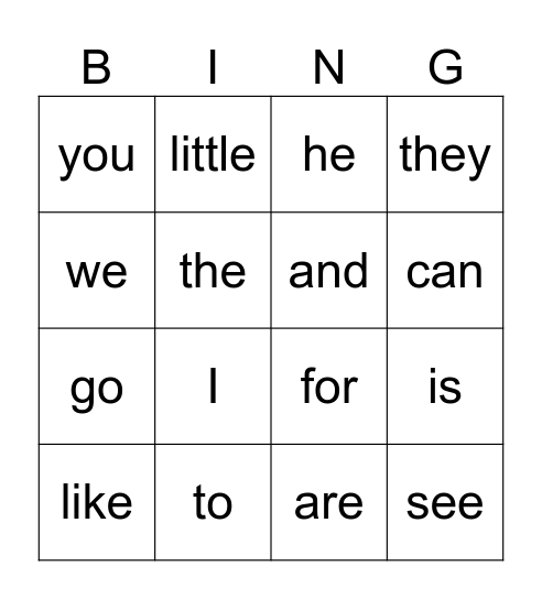 Sight Word Bingo Card