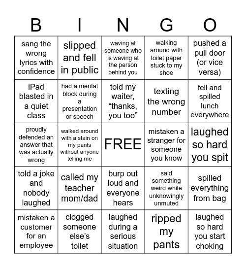 Embarrassing Moments Bingo Card