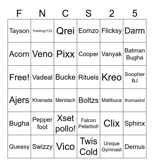 Fortnite pros Bingo Card