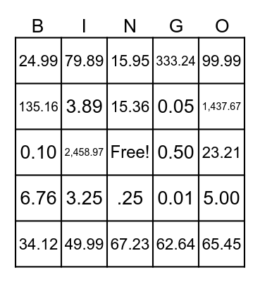 Place Value Bingo Card