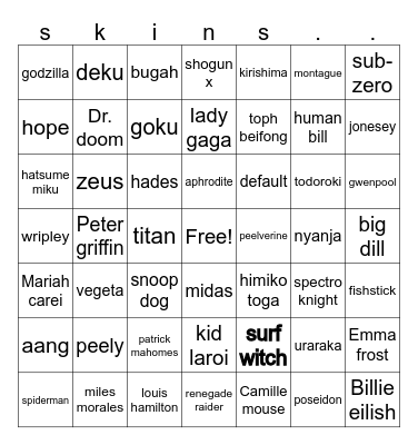 Fortnite skins Bingo Card
