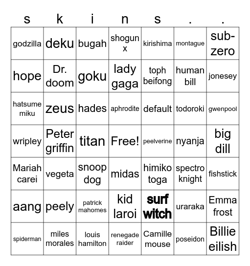 Fortnite skins Bingo Card