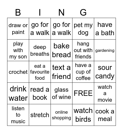 Sarah's self care Bingo Card