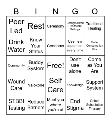 Harm Reduction Bingo Card
