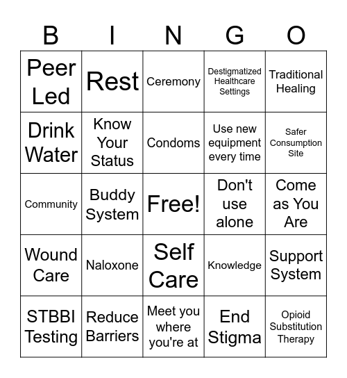 Harm Reduction Bingo Card