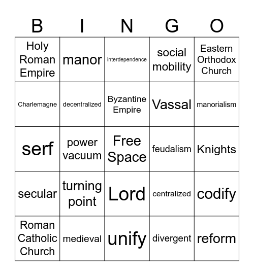 Middle Ages Unit Vocab Bingo Card