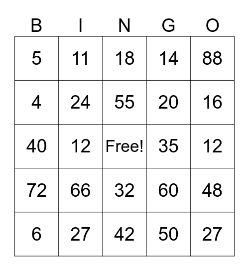 Multiplication Bingo Card