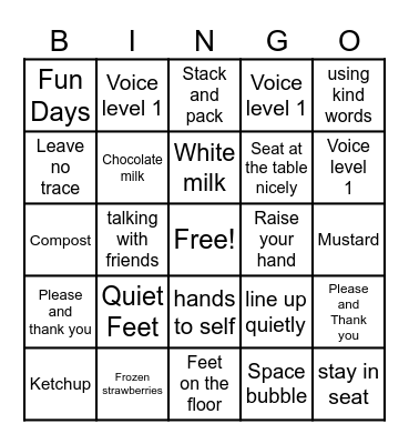 Lunchroom Bingo Card