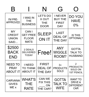 FAVORITE CAR BUYER PHRASES Bingo Card