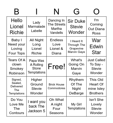Chicago Bands & DJs Music Bingo. Best Of Motown! Bingo Card