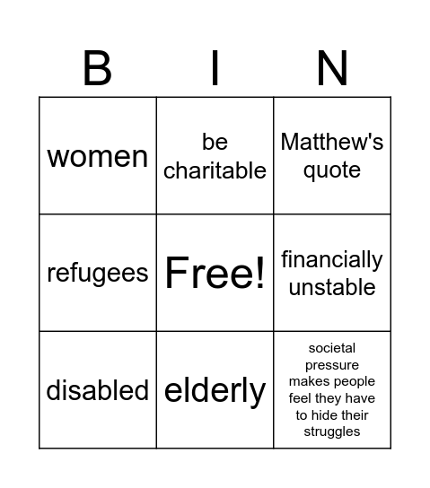 Options for the Poor and Vulnerable Bingo Card