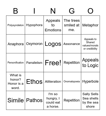 Rhetorical Devices Bingo Card