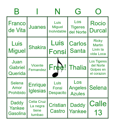 Guess the Music Artist/Adivina el Artista Musical Bingo Card