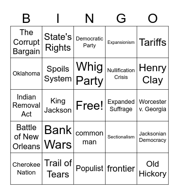 Andrew Jackson Terms Bingo Card
