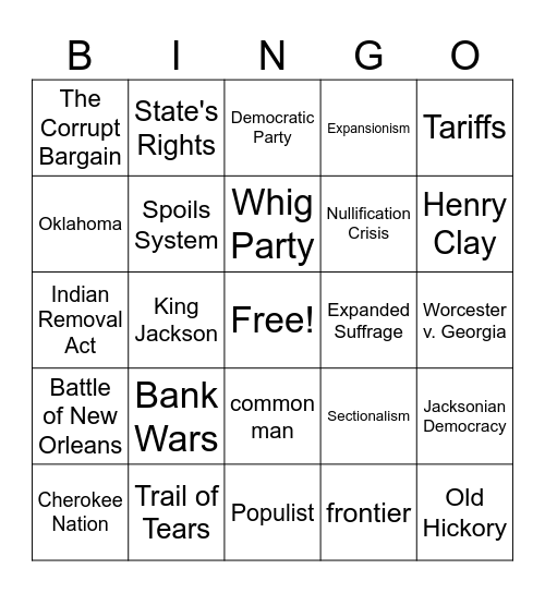 Andrew Jackson Terms Bingo Card