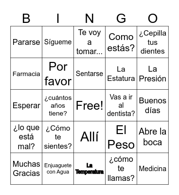 MEDLIFE Medical Spanish Bingo Card