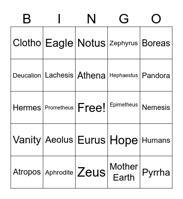 Ancient Beginnings Pegasus Prep Bingo Card