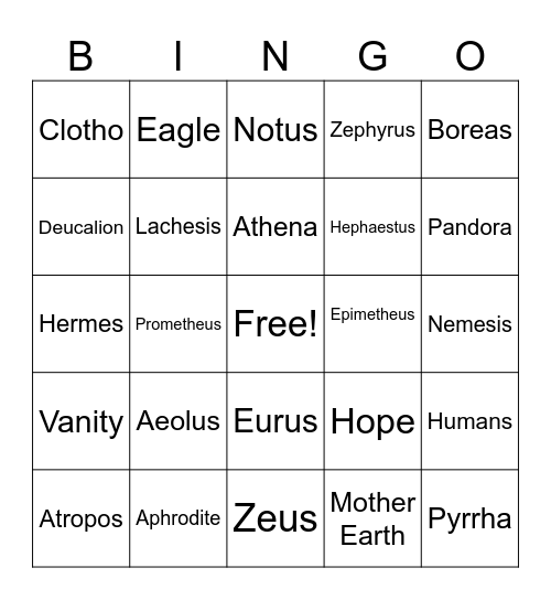 Ancient Beginnings Pegasus Prep Bingo Card