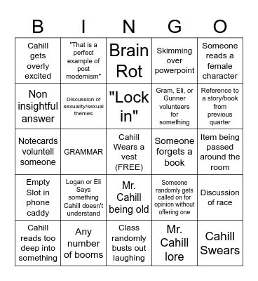 F Bell English Bingo Card