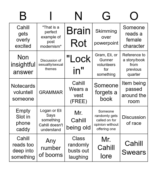 F Bell English Bingo Card