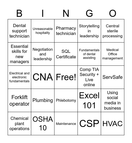CSI Workforce Bingo Card