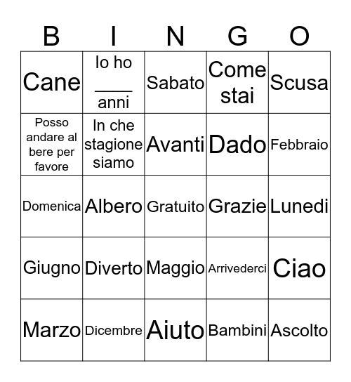 Mesi, Giorni, Stagioni Bingo Card