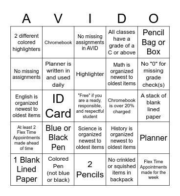 AVID-O Materials Check Bingo Card