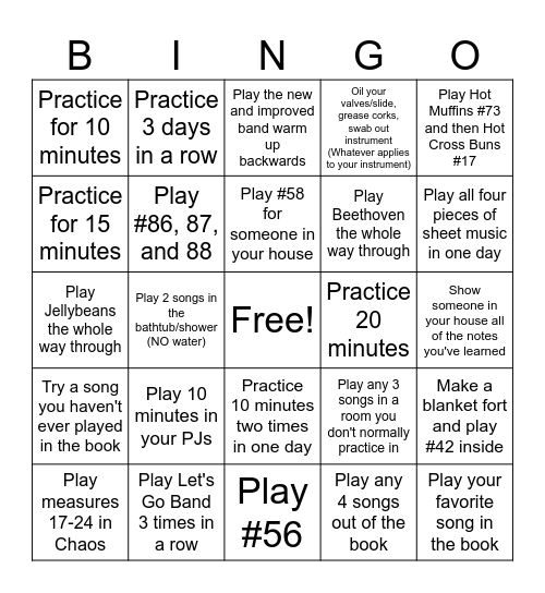 Spring Break Band Bingo Card