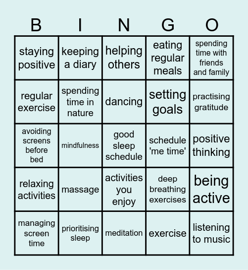 Self Help Bingo Card