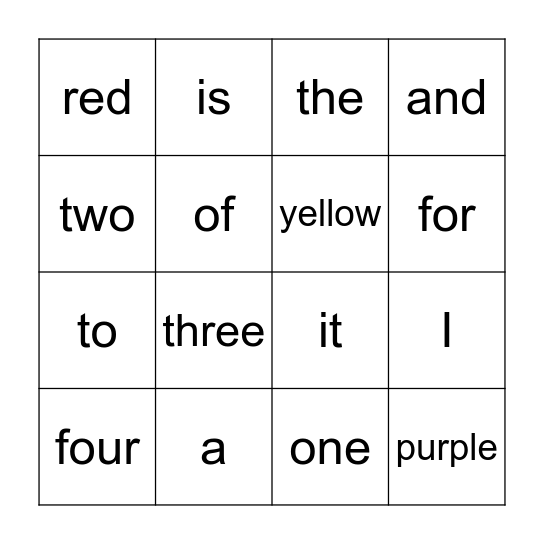 Sight Word Bingo Card