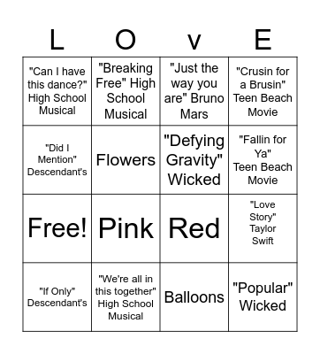 Love Song Bingo Card