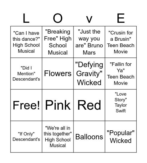 Love Song Bingo Card