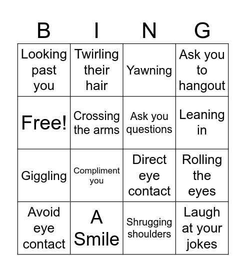 Crushes Nonverbal Language Bingo Card
