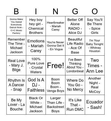 90'S MUSIC BINGO #1 Bingo Card