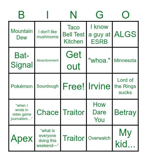 BYE-BYE, TRAITOR Bingo Card