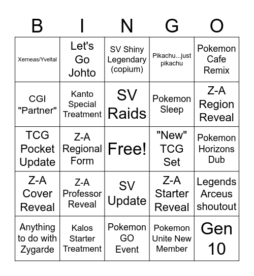 Pokemon Presents 2025 Bingo Card