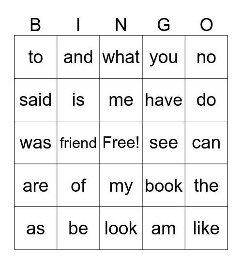 Heart Words Bingo Card