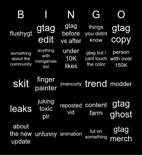 Gorilla Tag TikTok/Shorts Bingo Card