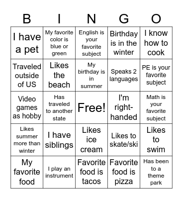 Get to know me Bingo Card