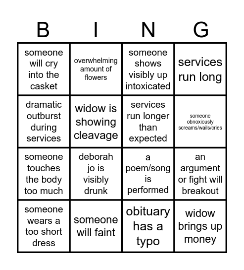 Funeral Bingo Card