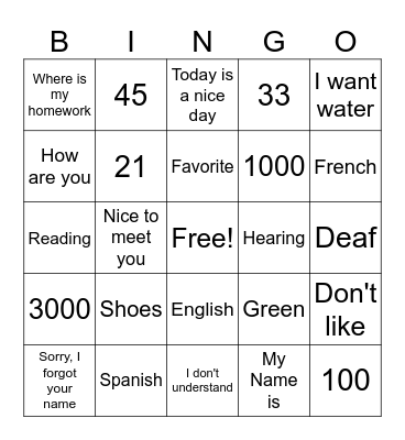 ASL 1 TEST 1 BINGO 1 Bingo Card