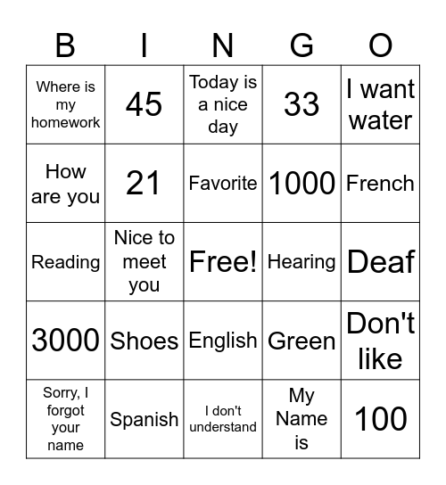 ASL 1 TEST 1 BINGO 1 Bingo Card