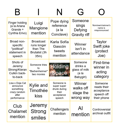 Oscars 2025 Bingo Card