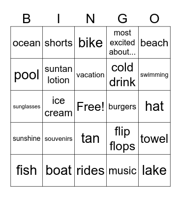 Vacation Bingo Card